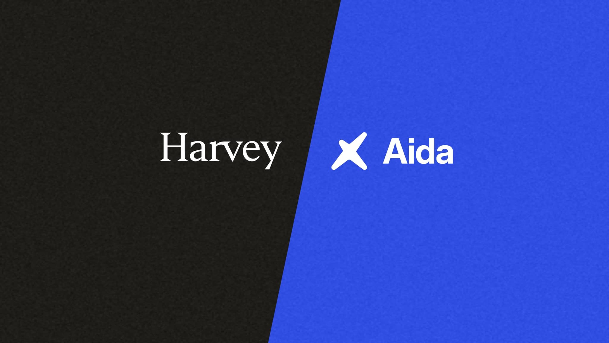 The Harvey wordmark on a near-black field beside the Aida logo on blue. Photo illustration: SaasBuzz; logos: Harvey and Aida