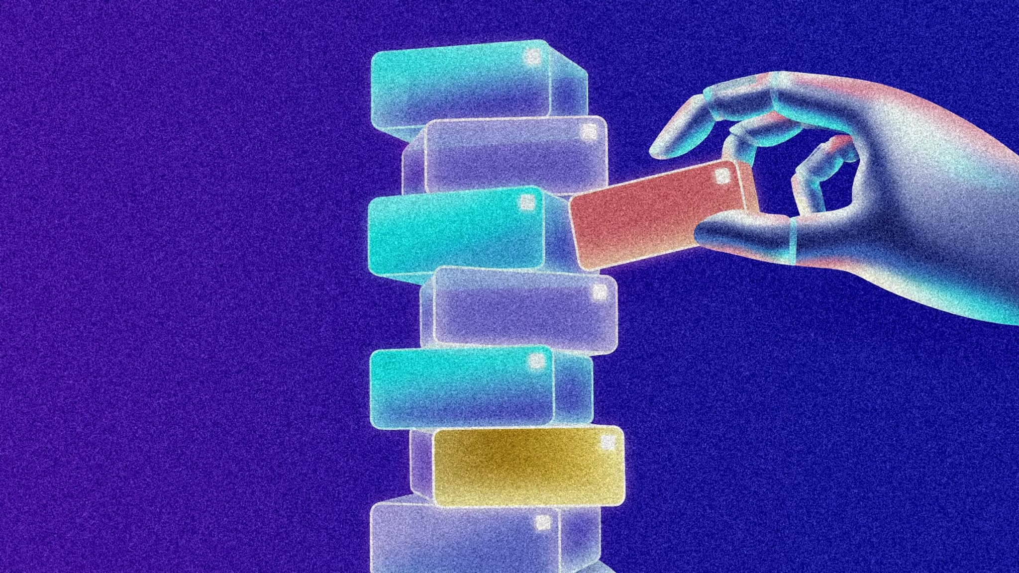 An illustration of a hand pulling one block from a tower of glowing blocks that is still standing, for AI's test of application software. Illustration: SaasBuzz, made with Z-Image