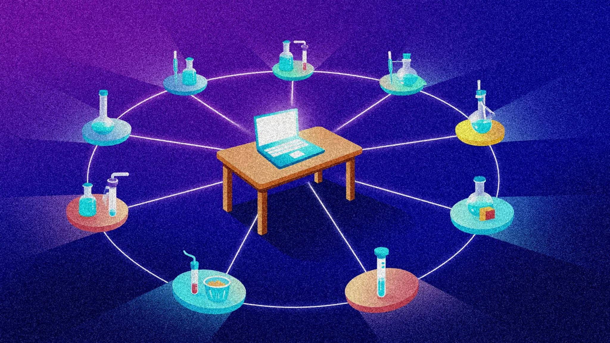 An illustration of a single desk with a laptop at the center of a ring of small lab benches linked to it by glowing lines, for a one-person biotech that ran its experiments through outside labs with Claude. Illustration: SaasBuzz, made with Z-Image