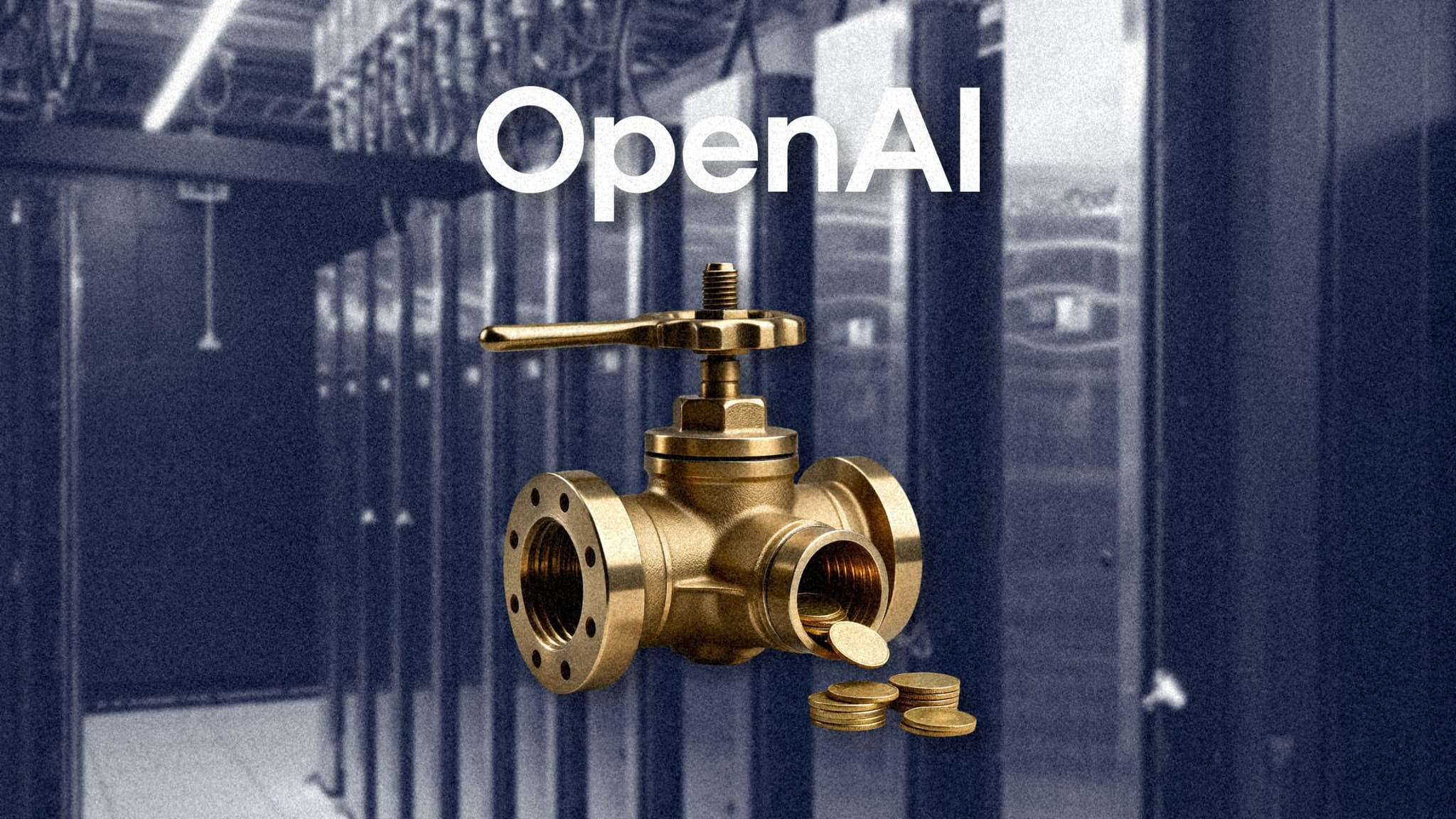 Photo illustration of the OpenAI wordmark above a giant brass valve, turned almost shut, letting out a few gold coins, over a photo of computing racks. Photo illustration: SaasBuzz; racks: Oak Ridge National Laboratory, CC BY 2.0, via Wikimedia Commons (cropped, recolored); valve made with Z-Image
