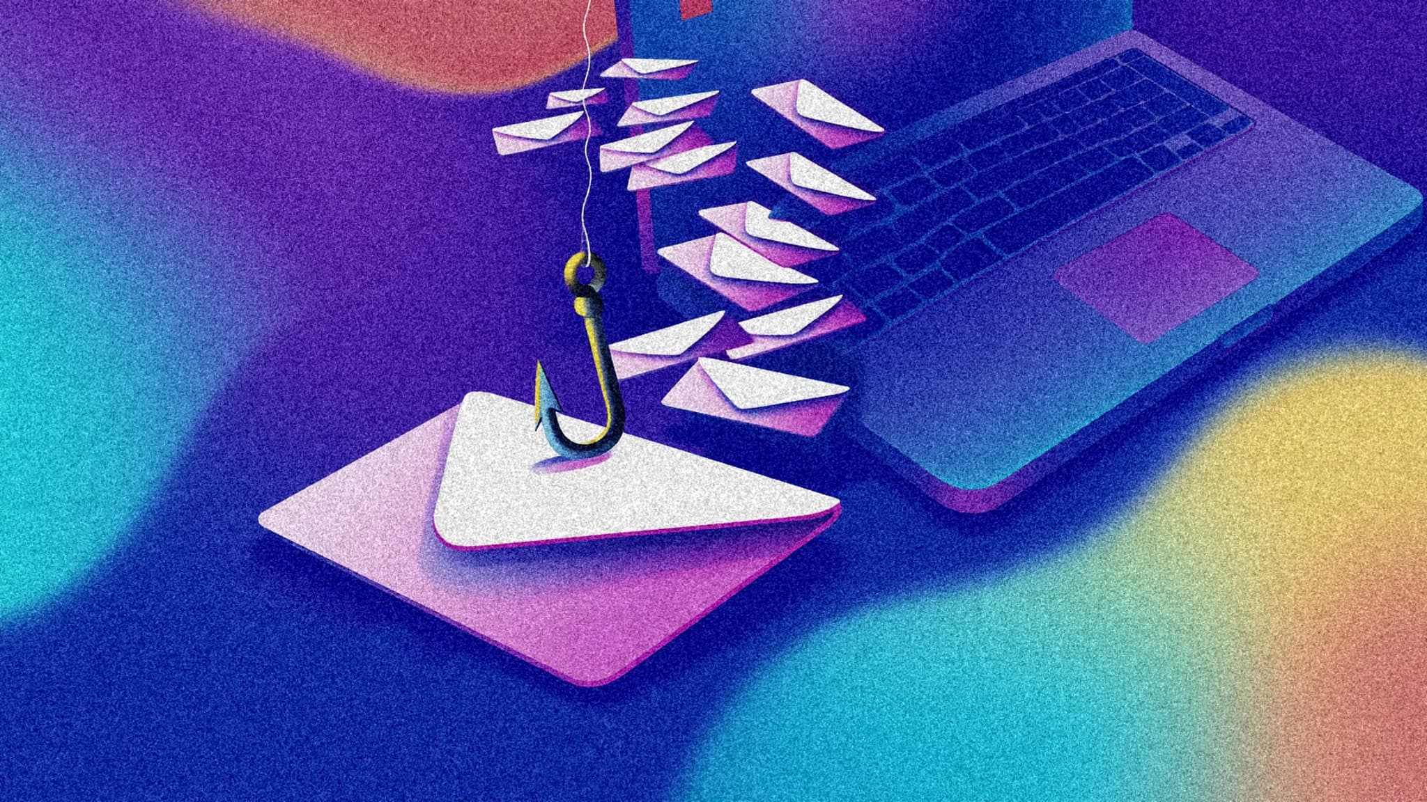 An illustration of a fishing hook lowered onto an envelope as a stream of envelopes pours out of a laptop, for AI-made phishing lures. Illustration: SaasBuzz, made with Z-Image
