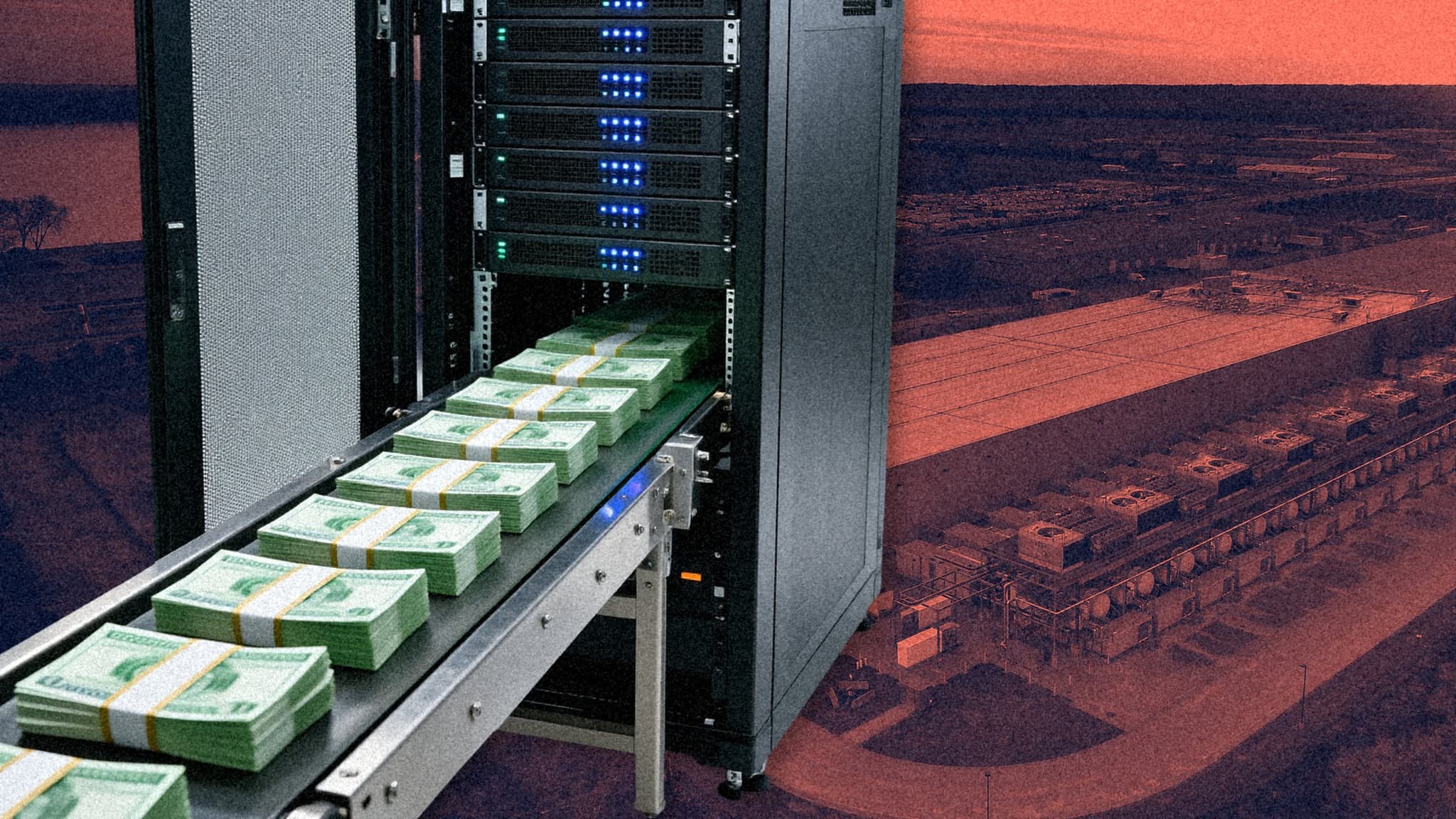A photo illustration: a server rack swallowing bundles of cash, over an aerial photo of Google's data center in Council Bluffs, Iowa (2017). Photo illustration: SaasBuzz; data center: Chad Davis, CC BY 2.0, via Wikimedia Commons, cropped and recolored; rack and cash made with Z-Image