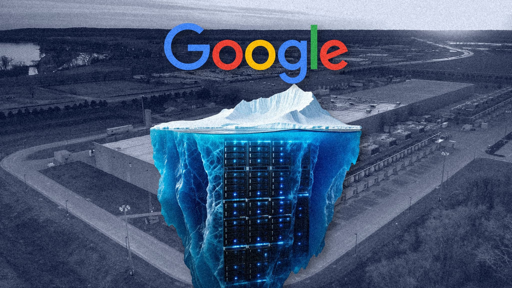 A photo illustration: the Google logo over an iceberg whose submerged base is server racks, on an aerial photo of Google's Council Bluffs, Iowa, data center. Photo illustration: SaasBuzz; data center: Chad Davis, CC BY 2.0, via Wikimedia Commons, cropped and recolored; iceberg made with Z-Image